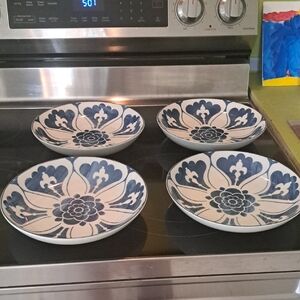 Set of Four Blue and White Floral Bowls By Ballard Designs 9" Like New